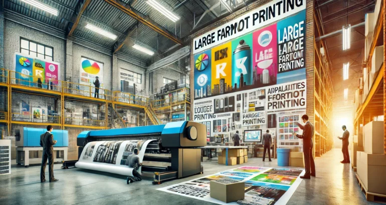 DALL·E 2024-07-17 21.02.05 - An industrial setting showcasing large format printing capabilities. The image should feature large printers in action, printing posters, banners, and